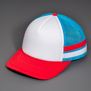 A White Low Profile Foam Front, Red & White Striped, Ocean Blue Mesh Back, Blank Trucker Hat with a Red Curved Bill, & Classic Snapback.  Designed by Blvnk Headwear.