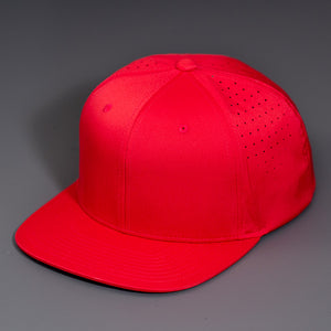 A Red Performance Stretch Crown, Blank 6 Panel Hat, Featuring Custom Perforated Back Panels, Flat Bill & Classic Snapback.  Designed by Blvnk Headwear.