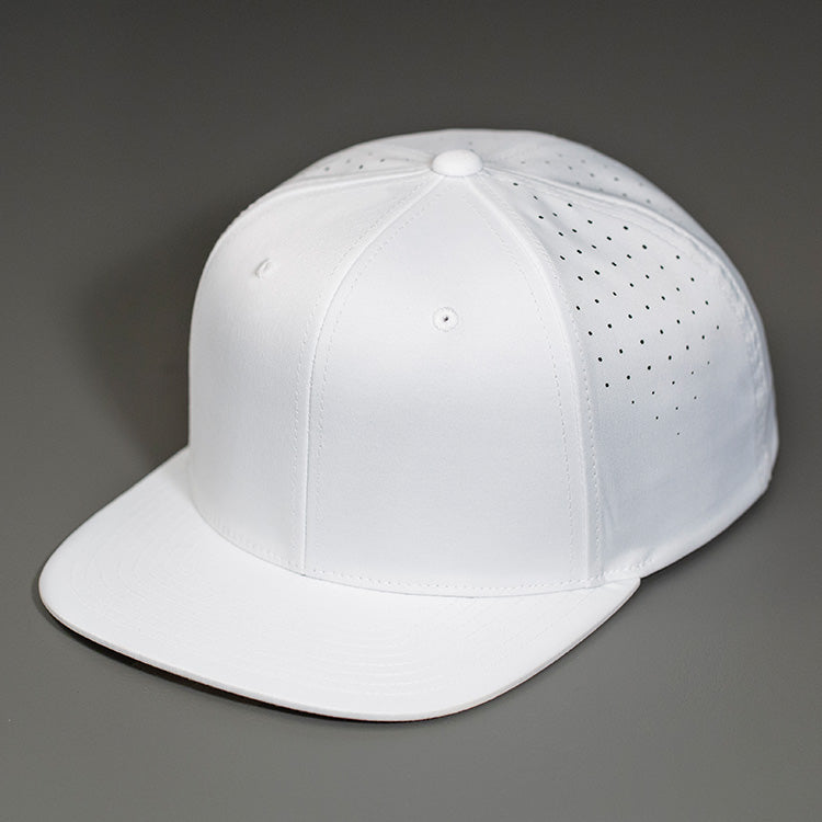 A White Performance Stretch Crown, Blank 6 Panel Hat, Featuring Custom Perforated Back Panels, Flat Bill & Classic Snapback.  Designed by Blvnk Headwear.