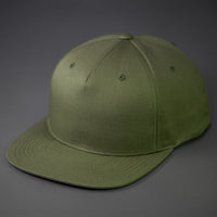 An Army Olive Colored, Cotton Twill, Pinch Front, Blank Snapback Hat.  Designed & Manufactured by Blvnk Headwear.