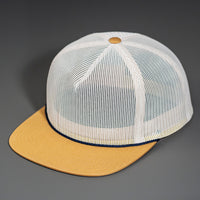 A Birch, Navy & Biscuit Full Mesh, Flat Bill Blank Trucker Hat W/ Classic Snapback