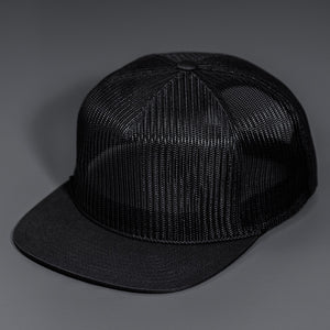 A Black, Full Mesh, Flat Bill Blank Trucker Hat W/ Classic Snapback