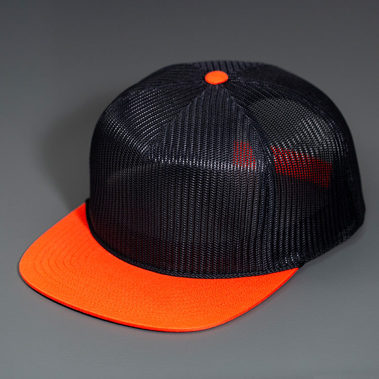 A Black & Orange, Full Mesh, Flat Bill Blank Trucker Hat W/ Classic Snapback