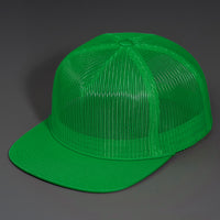 A Green, Full Mesh, Flat Bill Blank Trucker Hat W/ Classic Snapback