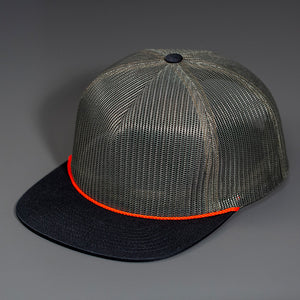 A Loden, Black & Orange Full Mesh, Flat Bill Blank Trucker Hat W/ Classic Snapback