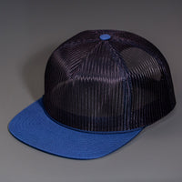 A Navy, Full Mesh, Flat Bill Blank Trucker Hat W/ Classic Snapback