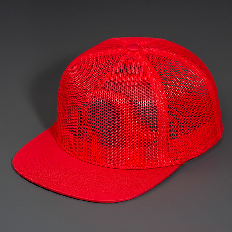 A Red, Full Mesh, Flat Bill Blank Trucker Hat W/ Classic Snapback
