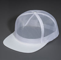 A White, Full Mesh, Flat Bill Blank Trucker Hat W/ Classic Snapback