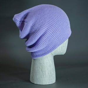 A Lilac colored, super slouch knit blank beanie. Designed by Blvnk Headwear.