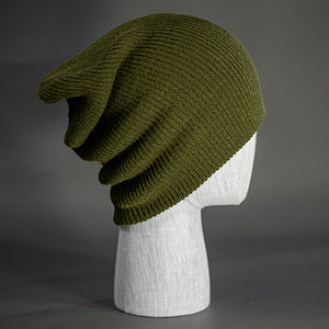 A Military Olive colored, super slouch knit blank beanie. Designed by Blvnk Headwear.