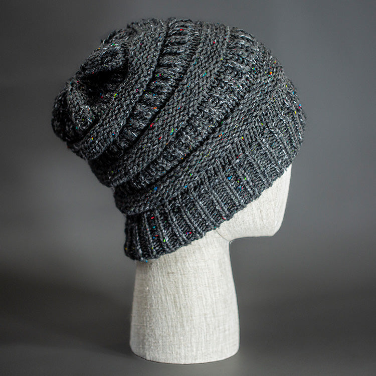 A Speckled Heather Charcoal, Alternating Rib Knit, Blank Beanie.  Designed by Blvnk Headwear