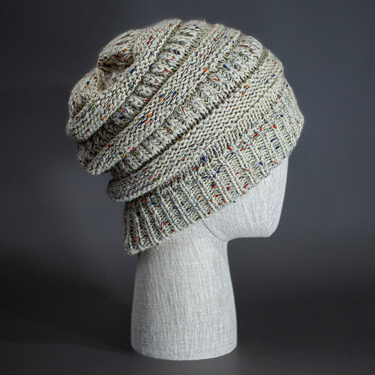 A Speckled Oatmeal, Alternating Rib Knit, Blank Beanie.  Designed by Blvnk Headwear