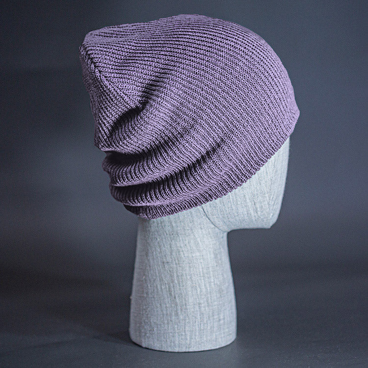 The Burnside Beanie, a lilac colored, soft slouch knit, blank beanie. Designed by Blvnk Headwear.