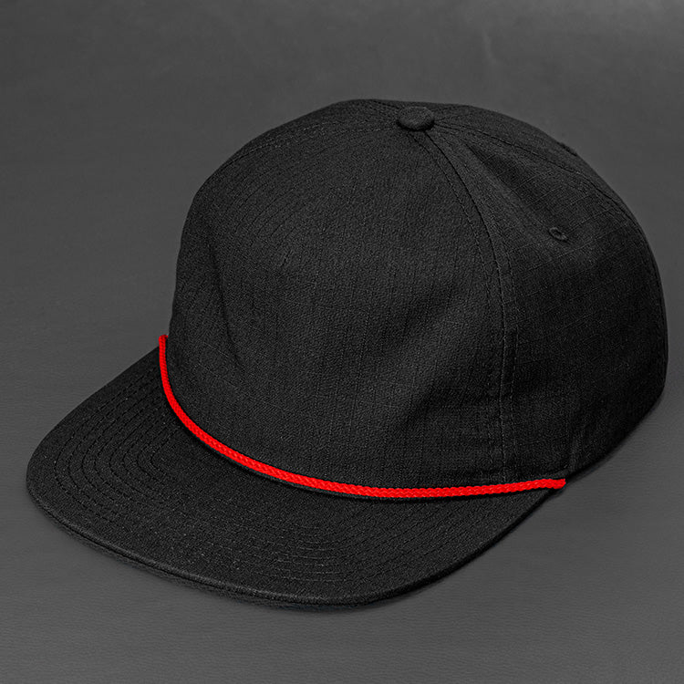 The Ranger unstructured rip stop pinch front blank 5 panel hat in black with a red rope by Blvnk Headwear.