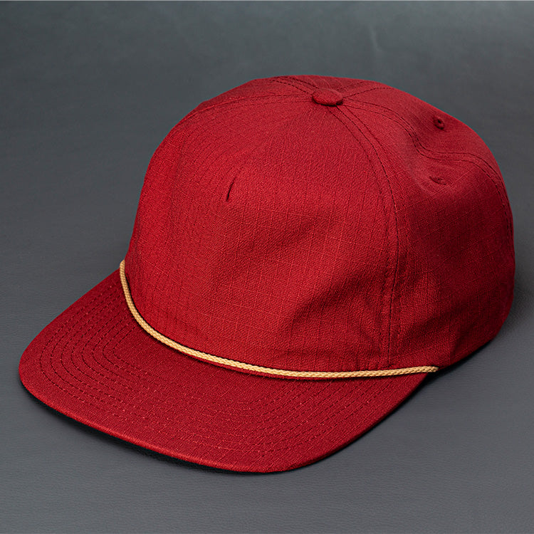 The Ranger unstructured rip stop pinch front blank 5 panel hat in dark cardinal with a khaki rope by Blvnk Headwear.