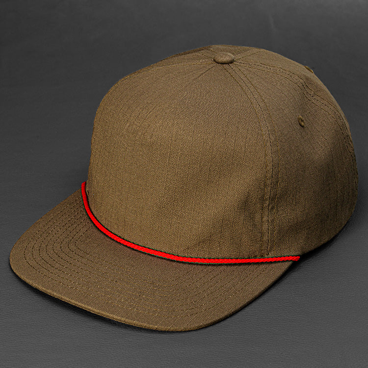 The Ranger unstructured rip stop pinch front blank 5 panel hat in moss green with a red rope by Blvnk Headwear.