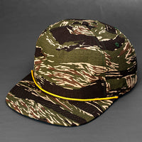 The Ranger unstructured rip stop pinch front blank 5 panel hat in tiger camo with a yellow rope by Blvnk Headwear.