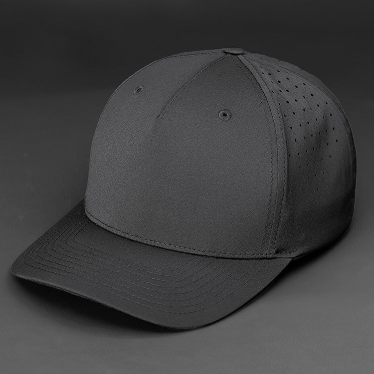 The Vanguard Tech Blank Snapback in Black Performance Stretch Fabric. A Pinch Front 5 Panel Hat, Featuring Custom Perforated Back Panels, Pre Curved Bill & Classic Snapback.  Designed by Blvnk Headwear. YOU KNOW