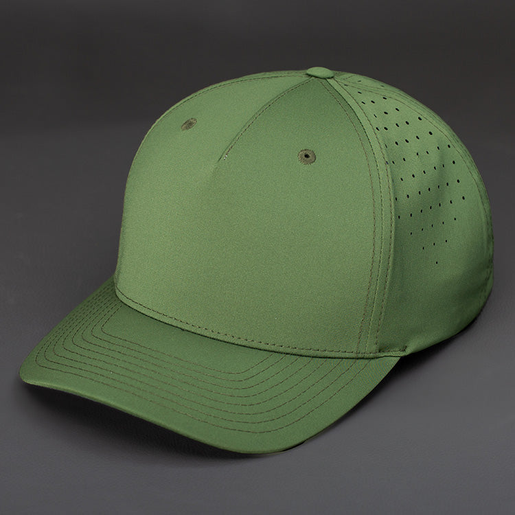 The Vanguard Tech Blank Snapback in Burnt Olive Performance Stretch Fabric. A Pinch Front 5 Panel Hat, Featuring Custom Perforated Back Panels, Pre Curved Bill & Classic Snapback.  Designed by Blvnk Headwear. YOU KNOW