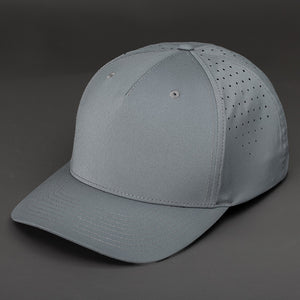 The Vanguard Tech Blank Snapback in Grey Performance Stretch Fabric. A Pinch Front 5 Panel Hat, Featuring Custom Perforated Back Panels, Pre Curved Bill & Classic Snapback.  Designed by Blvnk Headwear. YOU KNOW