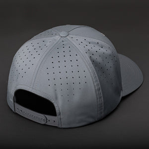 The Vanguard Tech Blank Snapback in Grey Performance Stretch Fabric. A Pinch Front 5 Panel Hat, Featuring Custom Perforated Back Panels, Pre Curved Bill & Classic Snapback Back.  Designed by Blvnk Headwear. YOU KNOW