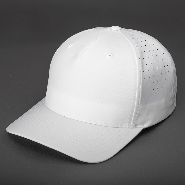 The Vanguard Tech Blank Snapback in White Performance Stretch Fabric. A Pinch Front 5 Panel Hat, Featuring Custom Perforated Back Panels, Pre Curved Bill & Classic Snapback.  Designed by Blvnk Headwear. YOU KNOW