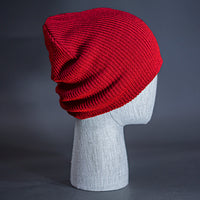 The Burnside Beanie, a red colored, soft slouch knit, blank beanie. Designed by Blvnk Headwear.