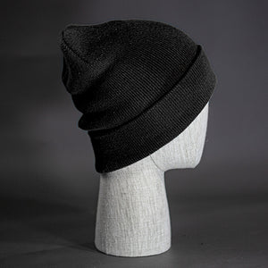 The Hood Beanie, a black colored, tight knit, mid length blank beanie. Designed by Blvnk Headwear.