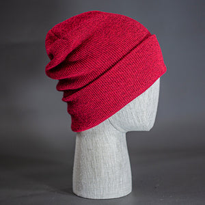 The Hood Heathered Beanie, a heather red colored, tight knit, mid length blank beanie. Designed by Blvnk Headwear.