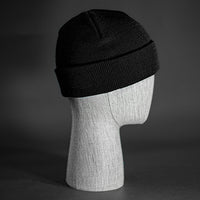 The Longshore Beanie, a black colored, tight knit, short length blank beanie. Designed by Blvnk Headwear.