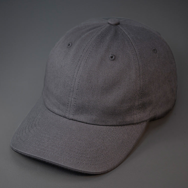 A Charcoal, Premium Cotton, 6 Panel Crown, Blank Dad Hat.  Designed by Blvnk Headwear.