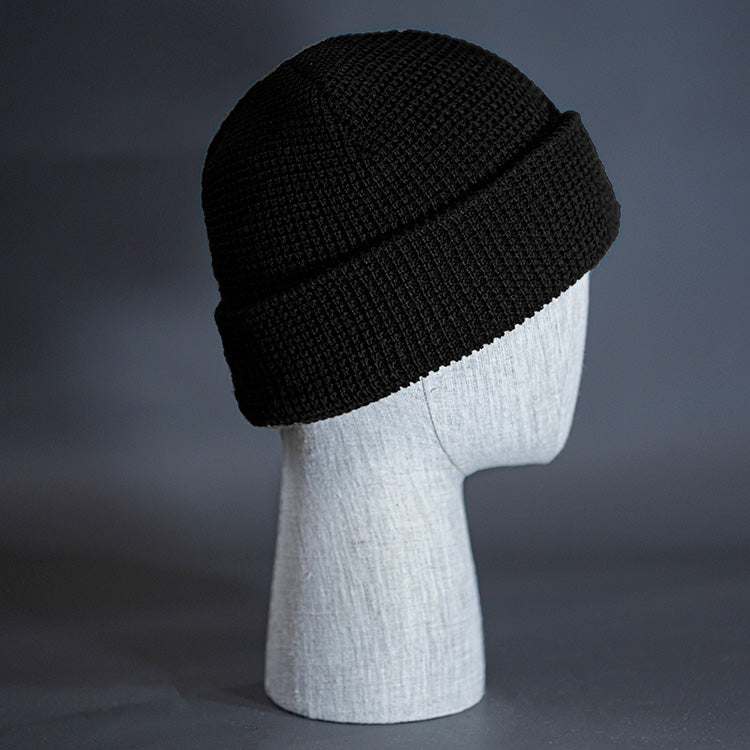 The Waffle Beanie, a black colored, waffle knit blank beanie. Designed by Blvnk Headwear.