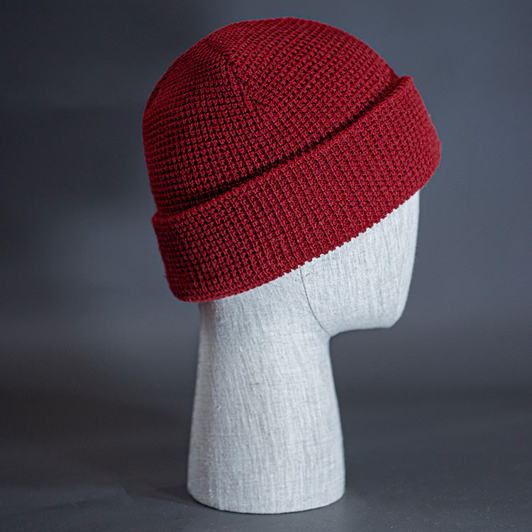 The Waffle Beanie, a Burgundy colored, waffle knit blank beanie. Designed by Blvnk Headwear.