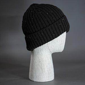 The Watchman Beanie, a specked black colored, merino wool blend blank beanie. Designed by Blvnk Headwear.