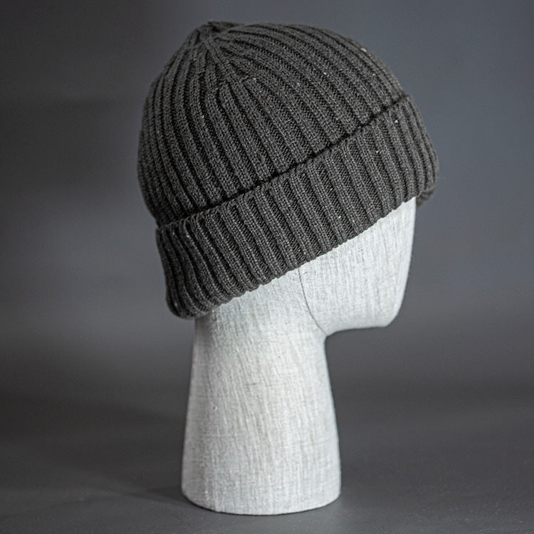 The Watchman Beanie, a specked charcoal colored, merino wool blend blank beanie. Designed by Blvnk Headwear.