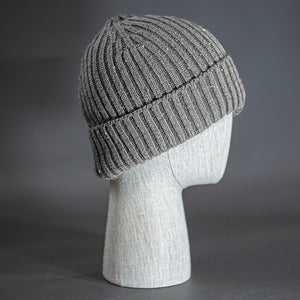 The Watchman Beanie, a specked grey colored, merino wool blend blank beanie. Designed by Blvnk Headwear.