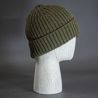 The Watchman Beanie, a specked loden colored, merino wool blend blank beanie. Designed by Blvnk Headwear.