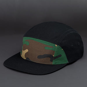 Bowery Blank 7 Panel Camp Hat in Camo and Black by Blvnk Headwear. YOU KNOW