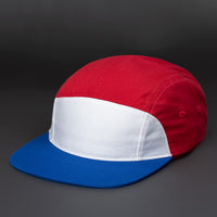 Bowery Blank 7 Panel Camp Hat in Marble White, Varsity Red and Royal by Blvnk Headwear. YOU KNOW