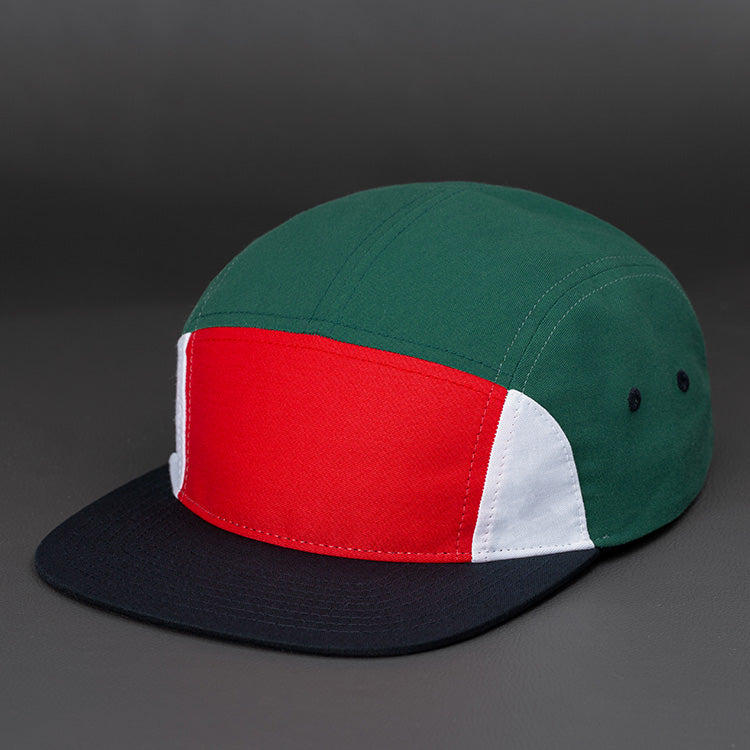 Bowery Blank 7 Panel Camp Hat in Team Red, White, Evergreen and Black by Blvnk Headwear. YOU KNOW