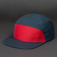 Bowery Blank 7 Panel Camp Hat in Varsity Red and Grayish Navy by Blvnk Headwear. YOU KNOW